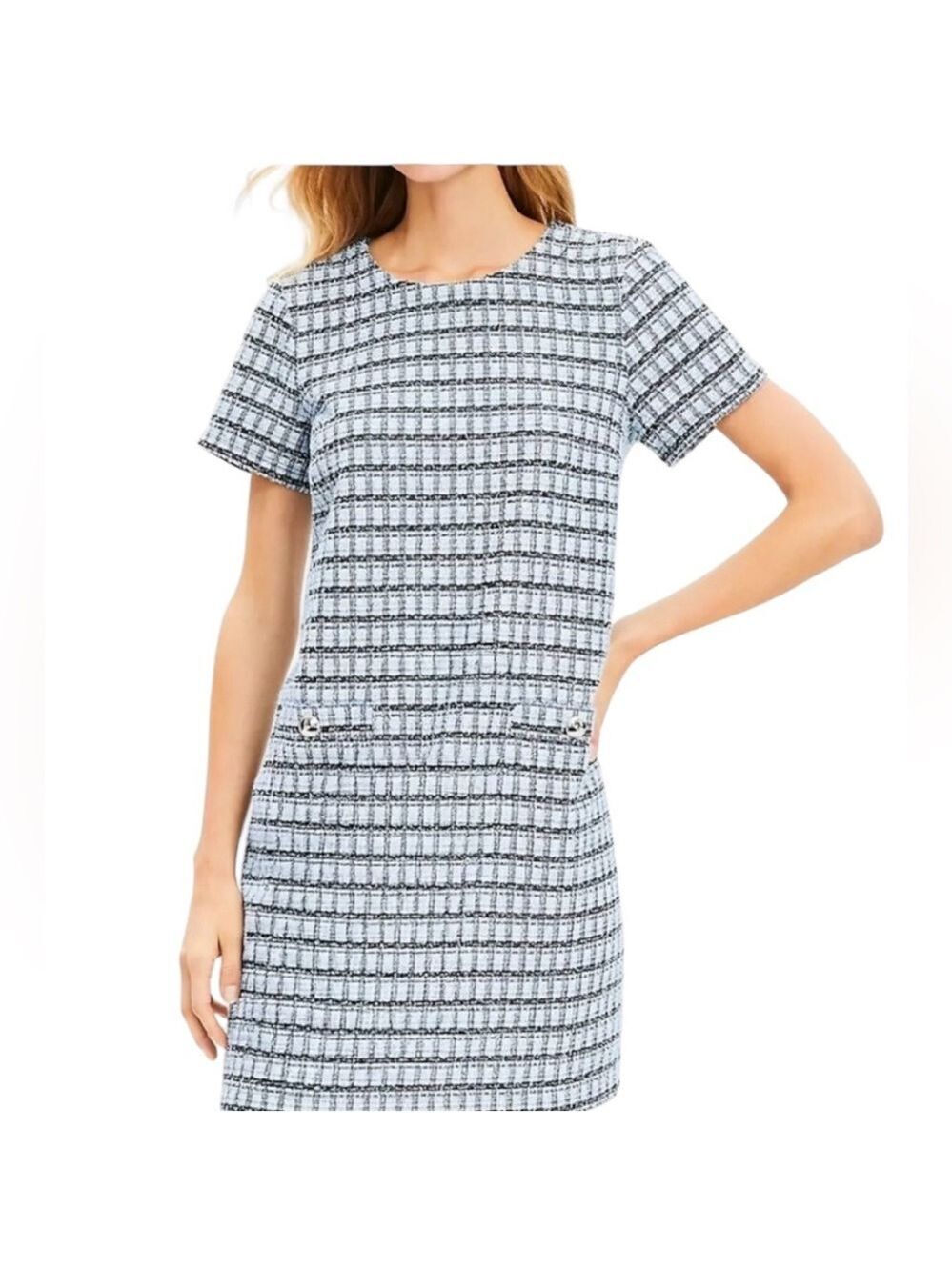 LOFT Blue Tweed Shift Dress Button Pocket Accent Midi Blue and White Size 10 New